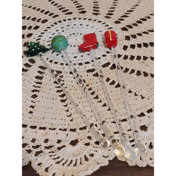 Christmas Swizzle Sticks Hand Blown Glass Stir Tree Ornament Stocking Package - Picture 4 of 5